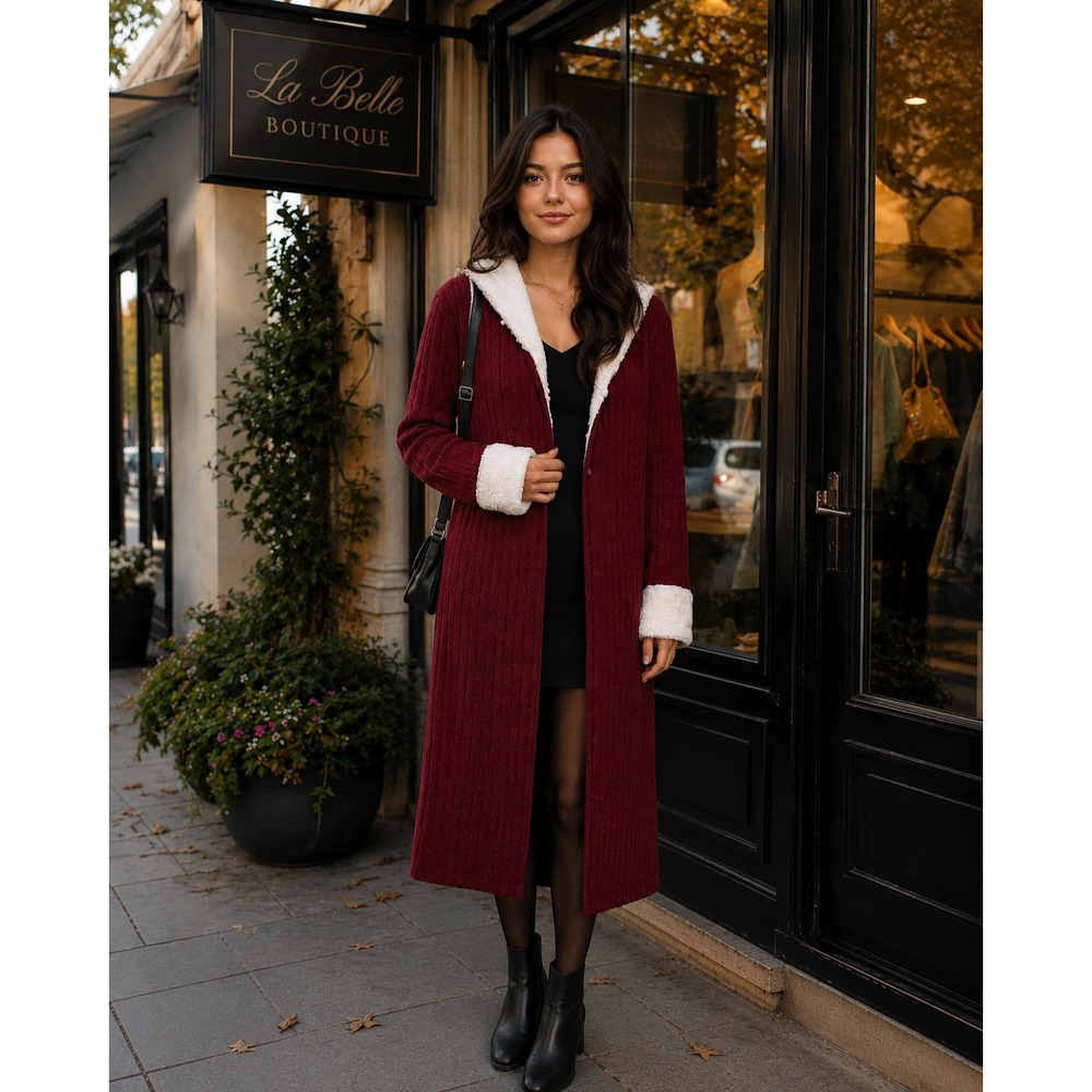 Burgundy Ribbed Knit Longline Cardigan Faux Fur Trim XXL
